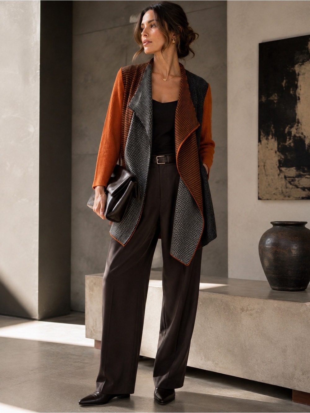 NWT VEX Colorblock Mixed Knit Statement Draped Cardigan Asymmetrical M